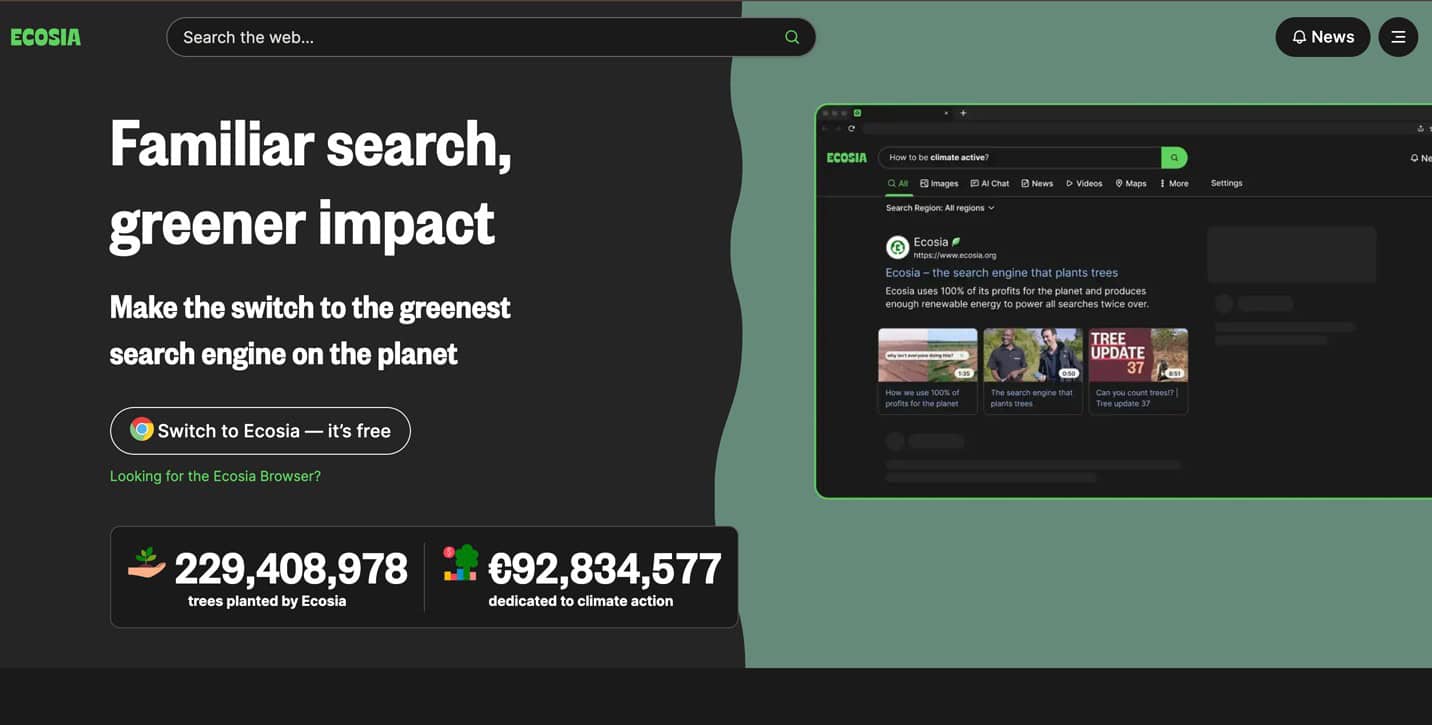The Ecosia search engine as a Google alternative.