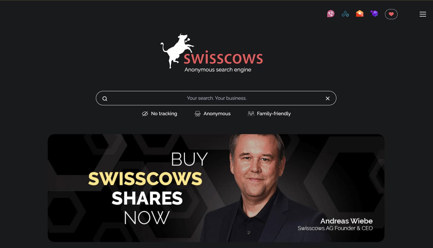 The Swisscows search engine as a Google alternative.