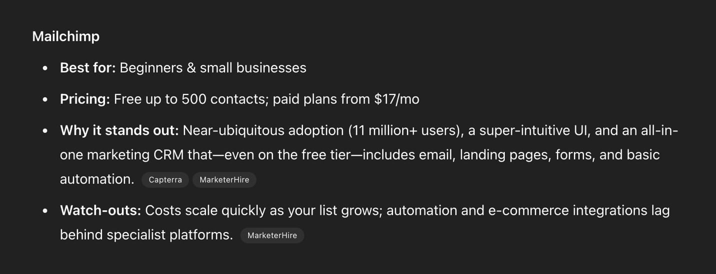 LLM search for best email marketing software