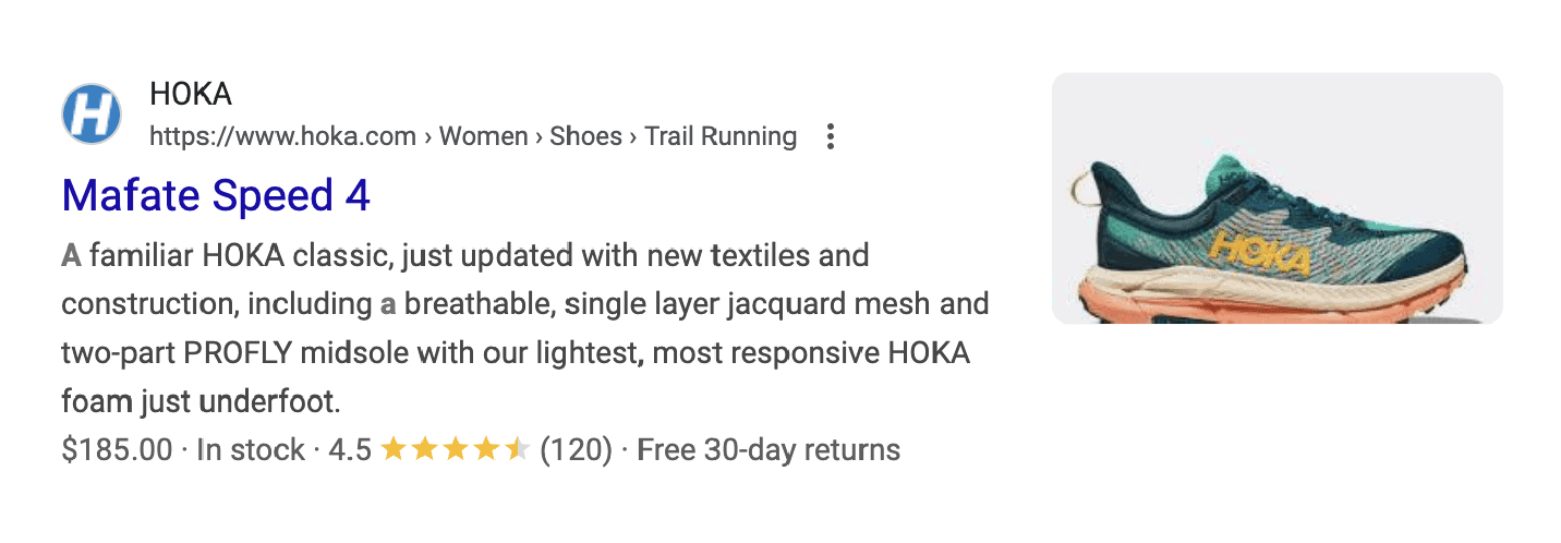 Screenshot example of what product schema should look like in SERPs for a trail running shoe.