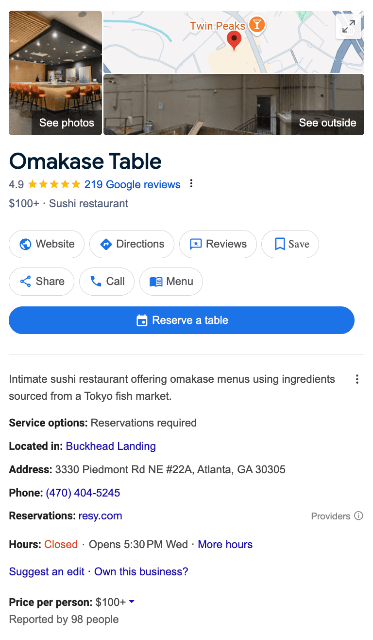 Google Business Profile of local sushi restaurant in Atlanta, GA.