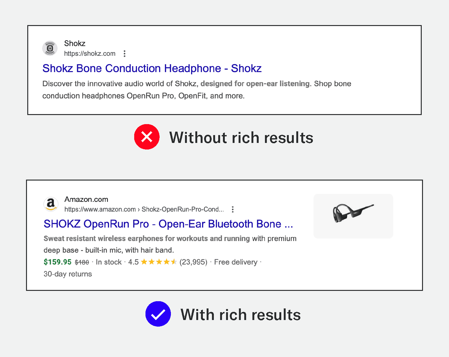 example of search results for headphones in search results with structured data and without strctured data.