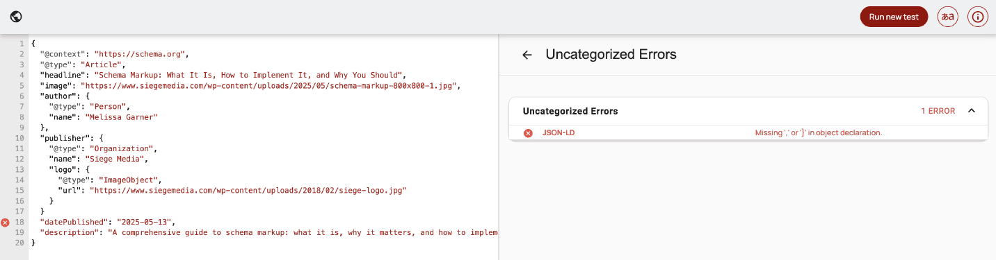 Screenshot of schema validator highlight syntax errors in provided structured data.