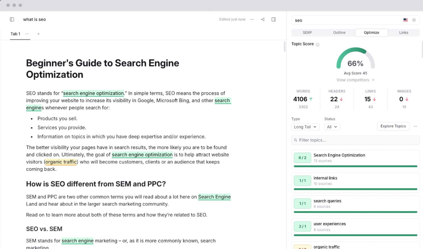 Frase content analyzer with topic score.