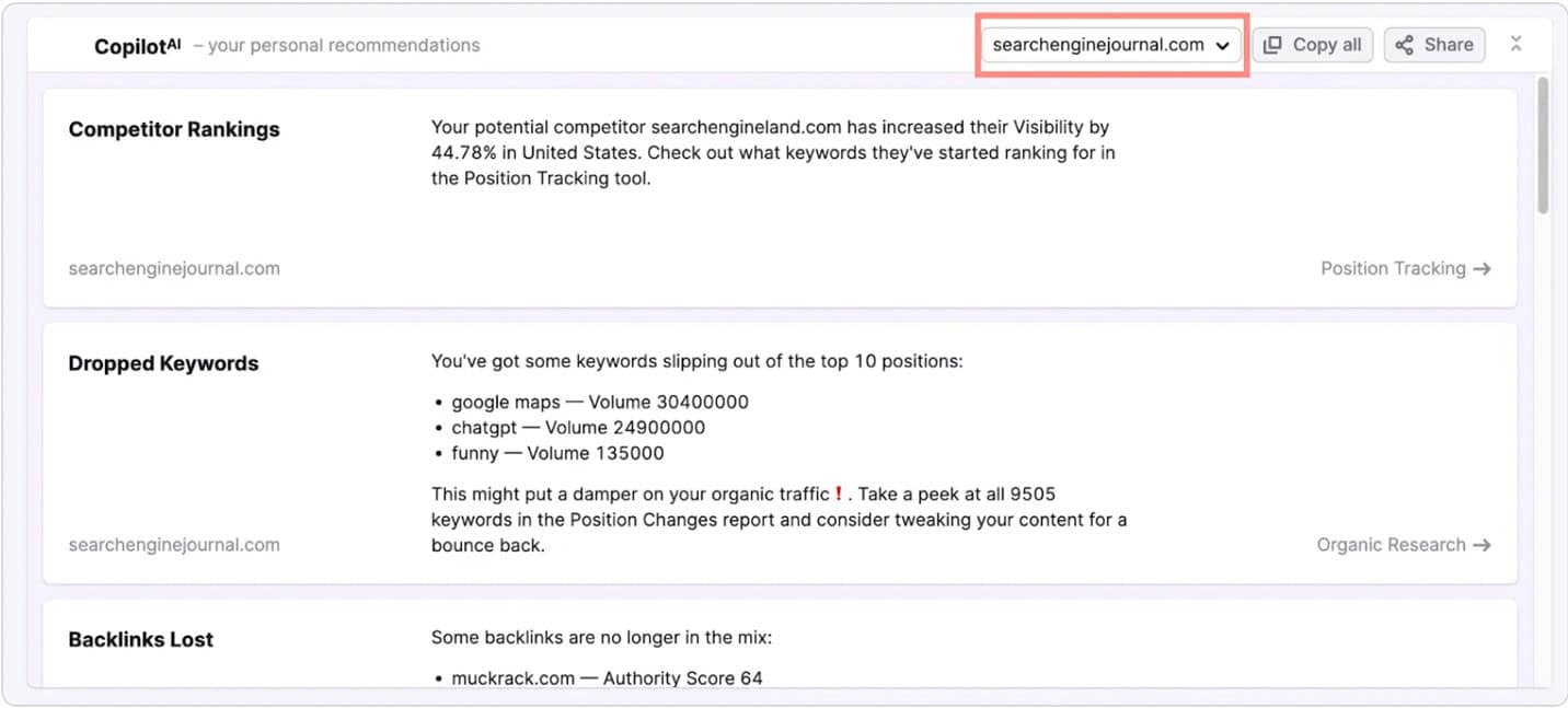Semrush copilot results screenshot.