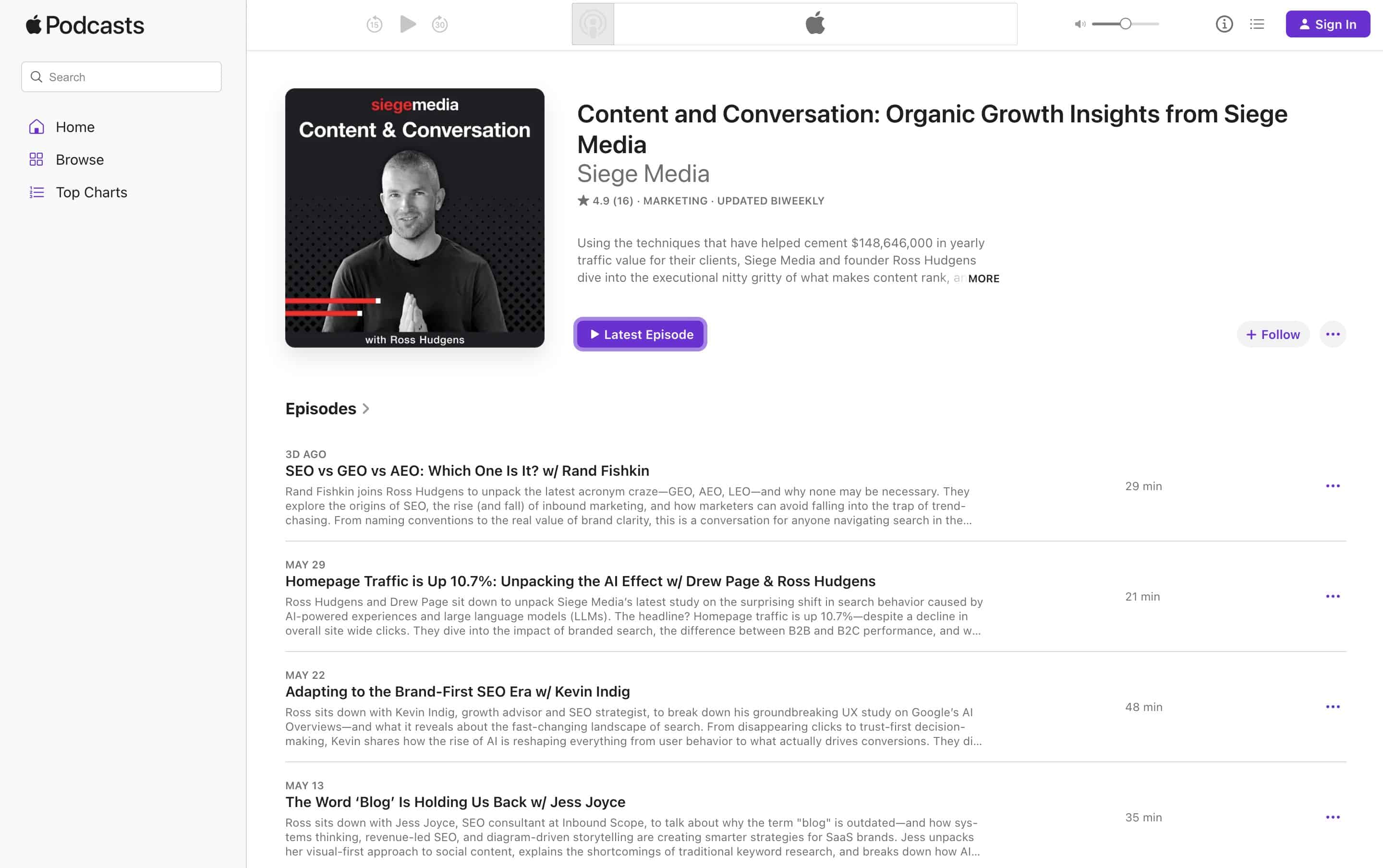 Screenshot of Siege Media podcast.