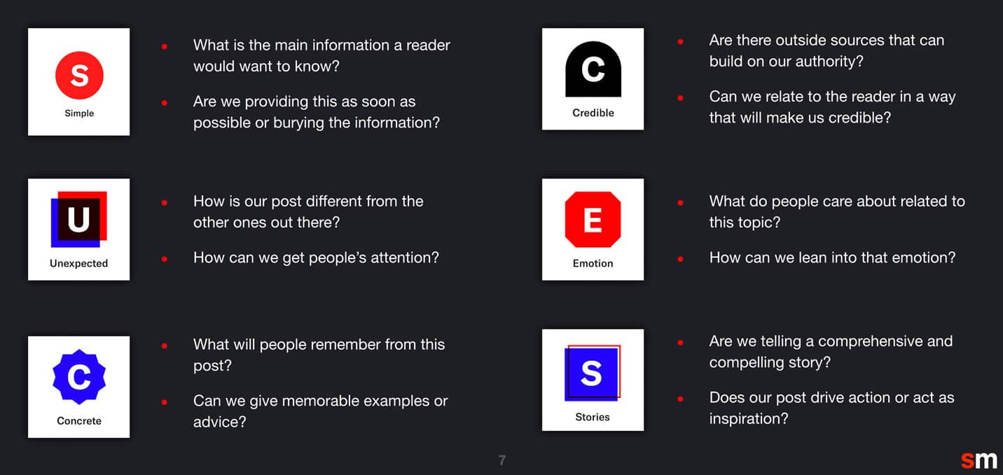 The SUCCESs model framework, outlining principles for effective communication with Simple, Unexpected, Concrete, Credible, Emotion, and Stories