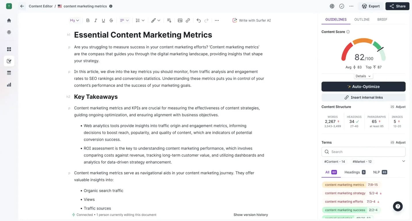 Surfer SEO content analysis tool screenshot.