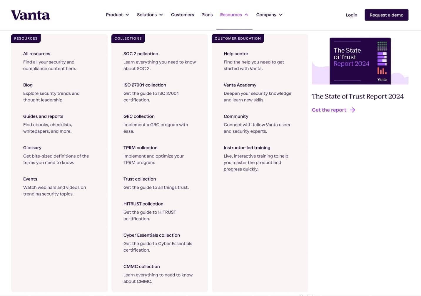Vanta's navigation drop down including links to their featured "State of Trust Report 2024