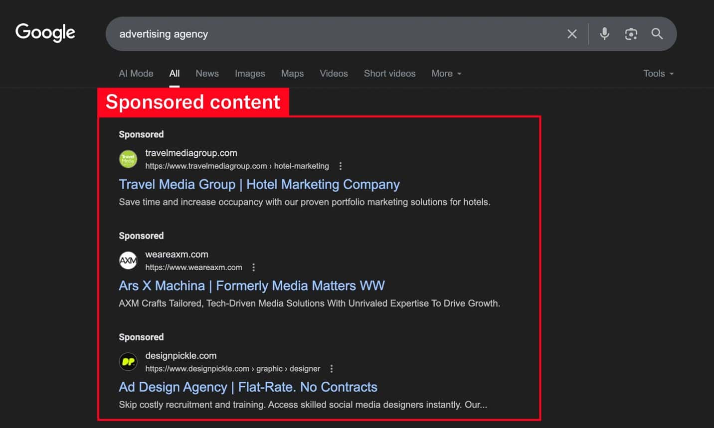 Google search engine results for "advertising agency" with PPC ads displayed at the top.