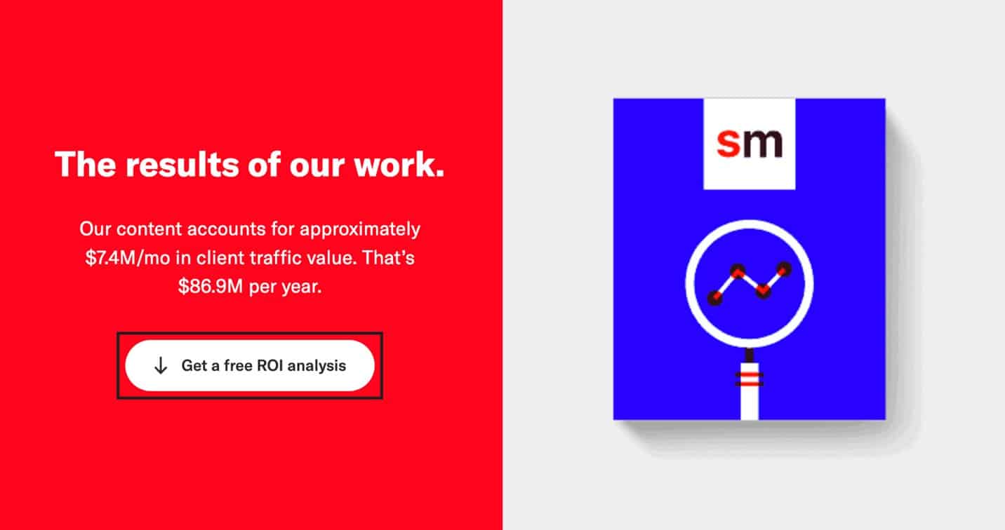A white CTA button on a red background that says “Get a free ROI analysis” and features an arrow pointing down.