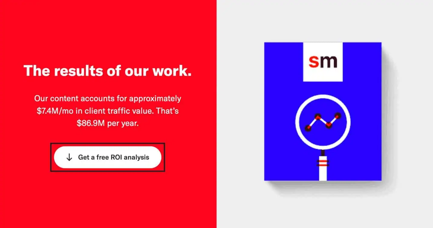 A white CTA button on a red background that says “Get a free ROI analysis” and features an arrow pointing down.