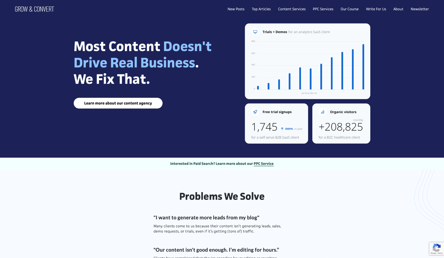 A screenshot of the Grow and Convert website homepage.