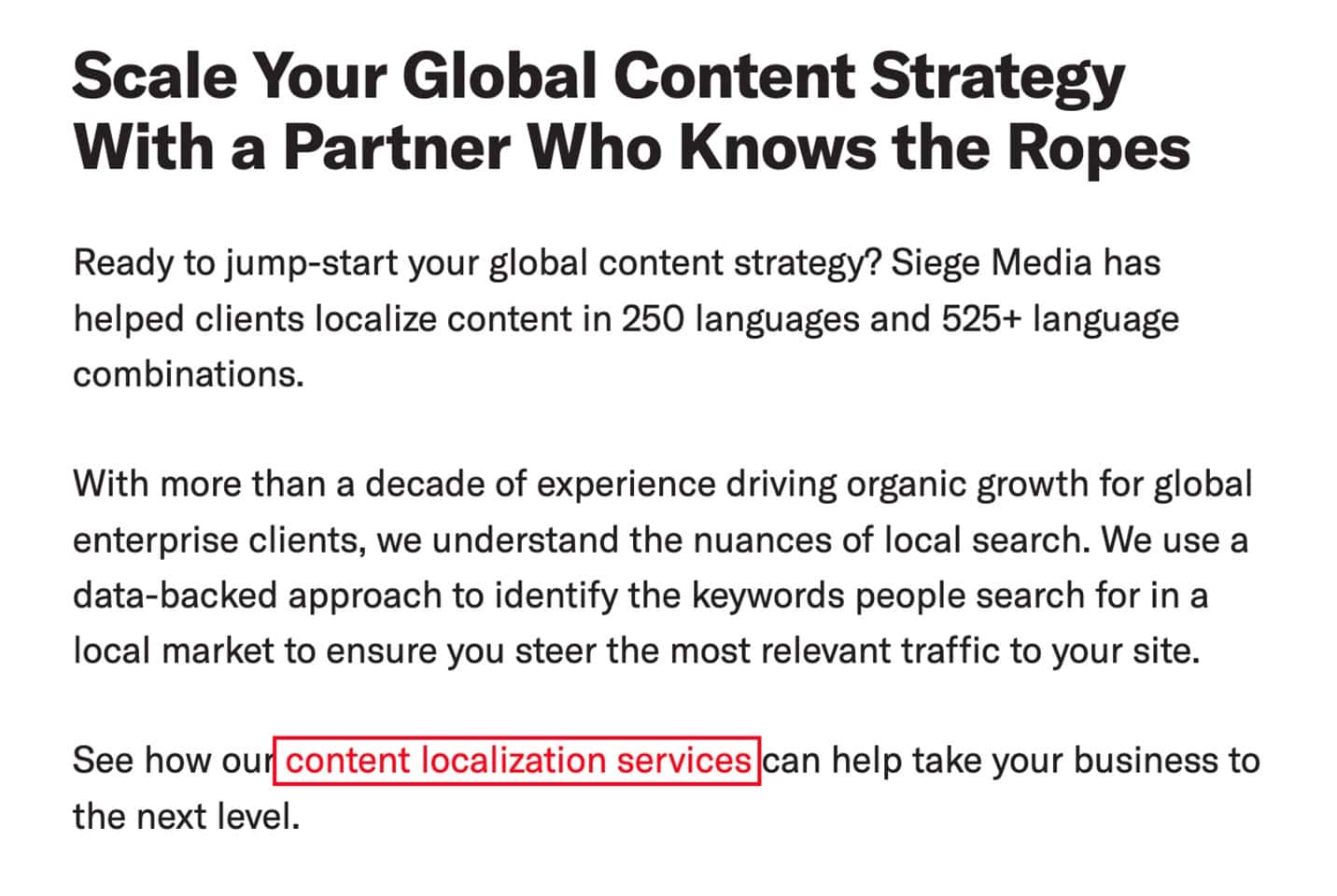 CTA text inside a post that says “See how our content localization services can help take your business to the next level.”