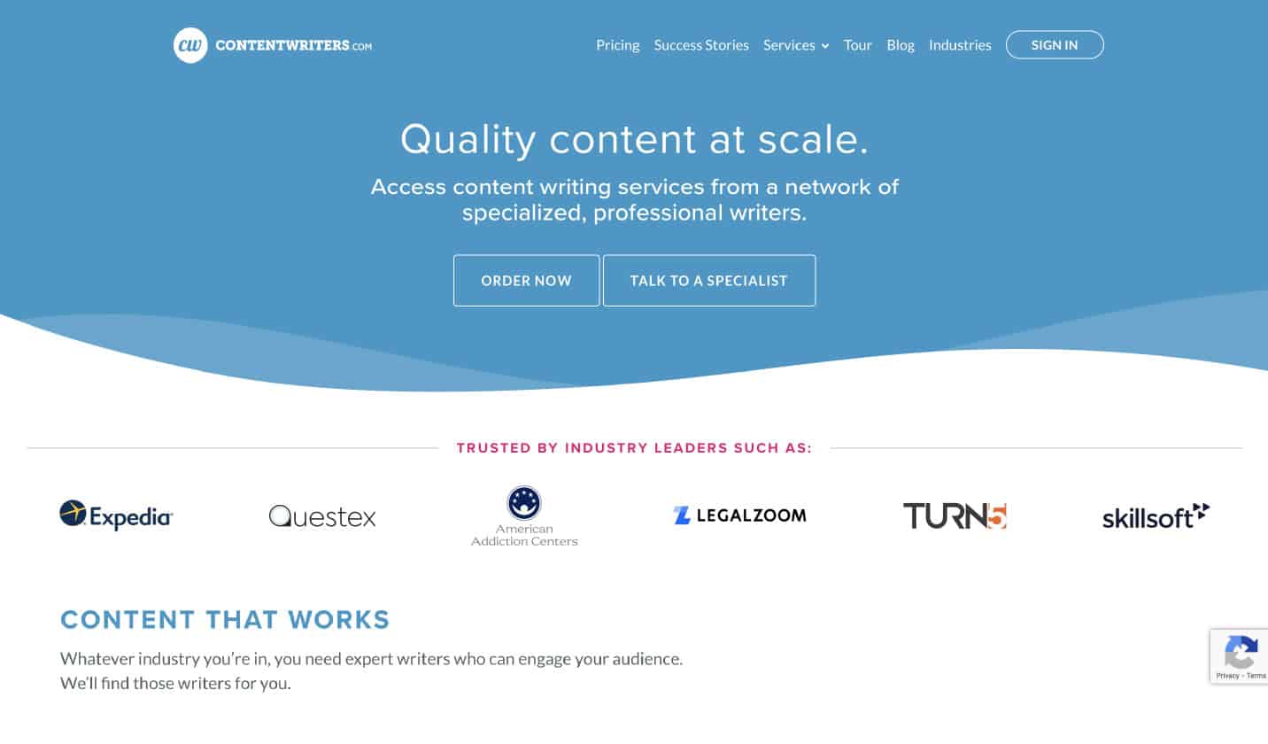 Screenshot of ContentWriters.com homepage
