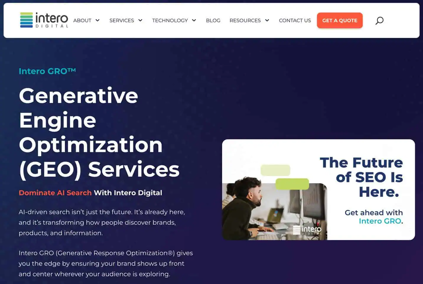 Screenshot of the enterprise GEO agency Intero Digital homepage.
