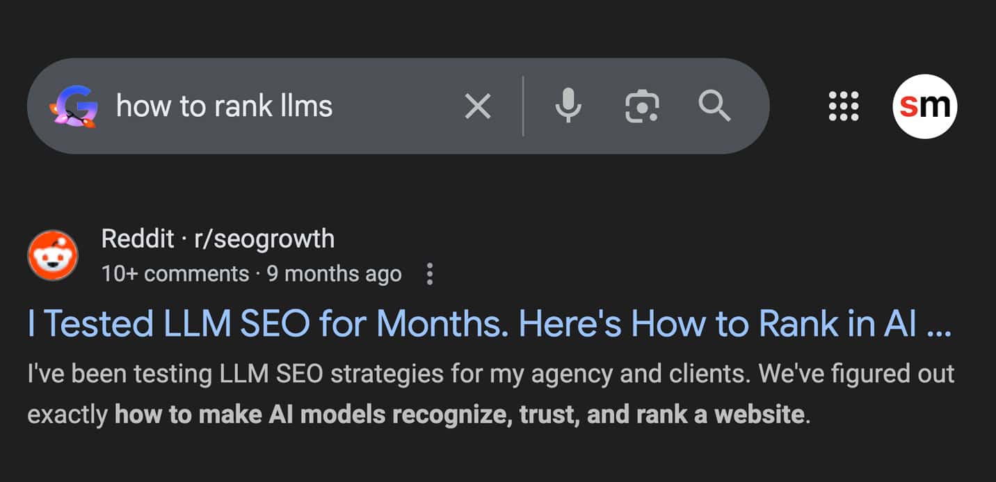 An example of a Reddit result on the SERP.