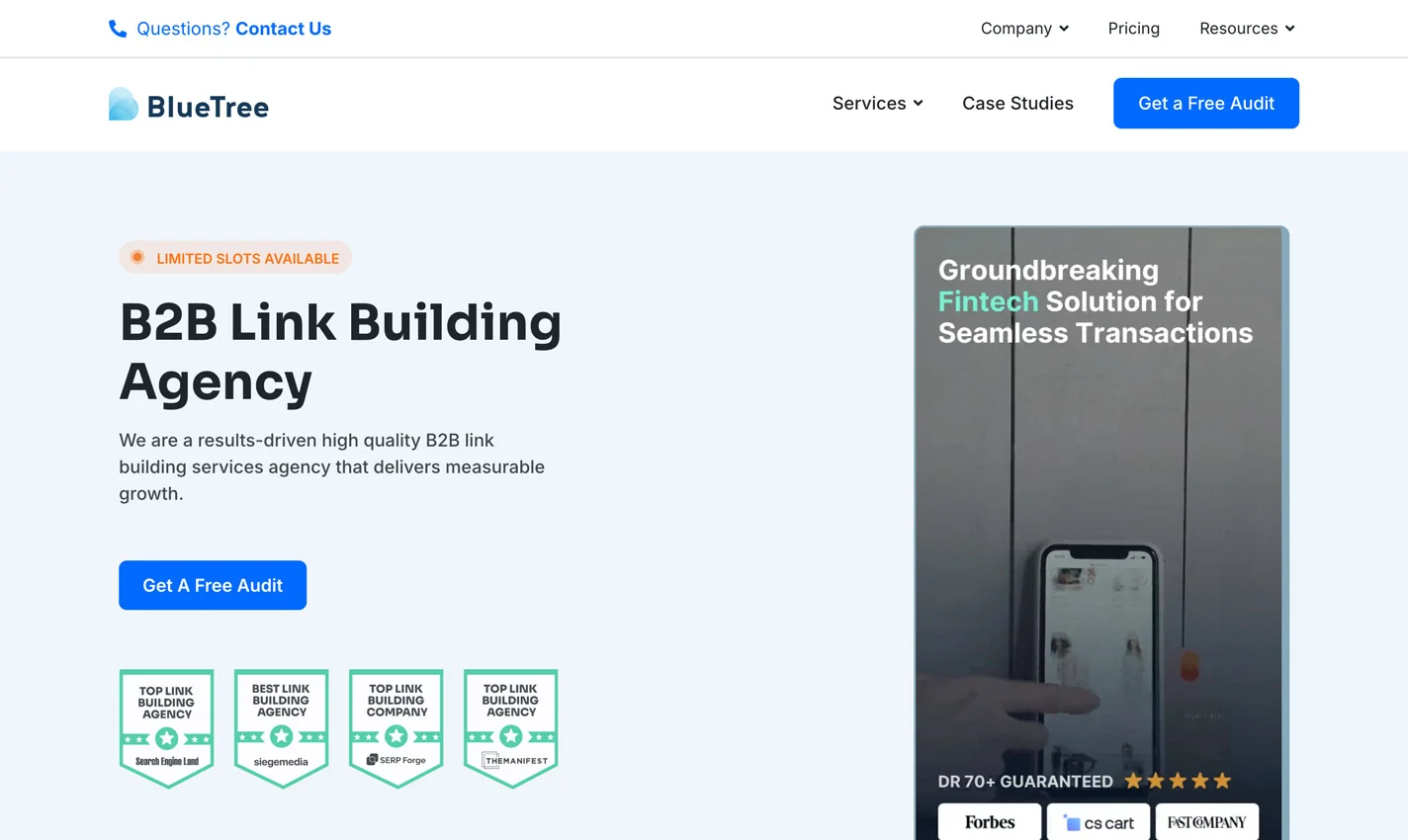 Screenshot of BlueTree's homepage