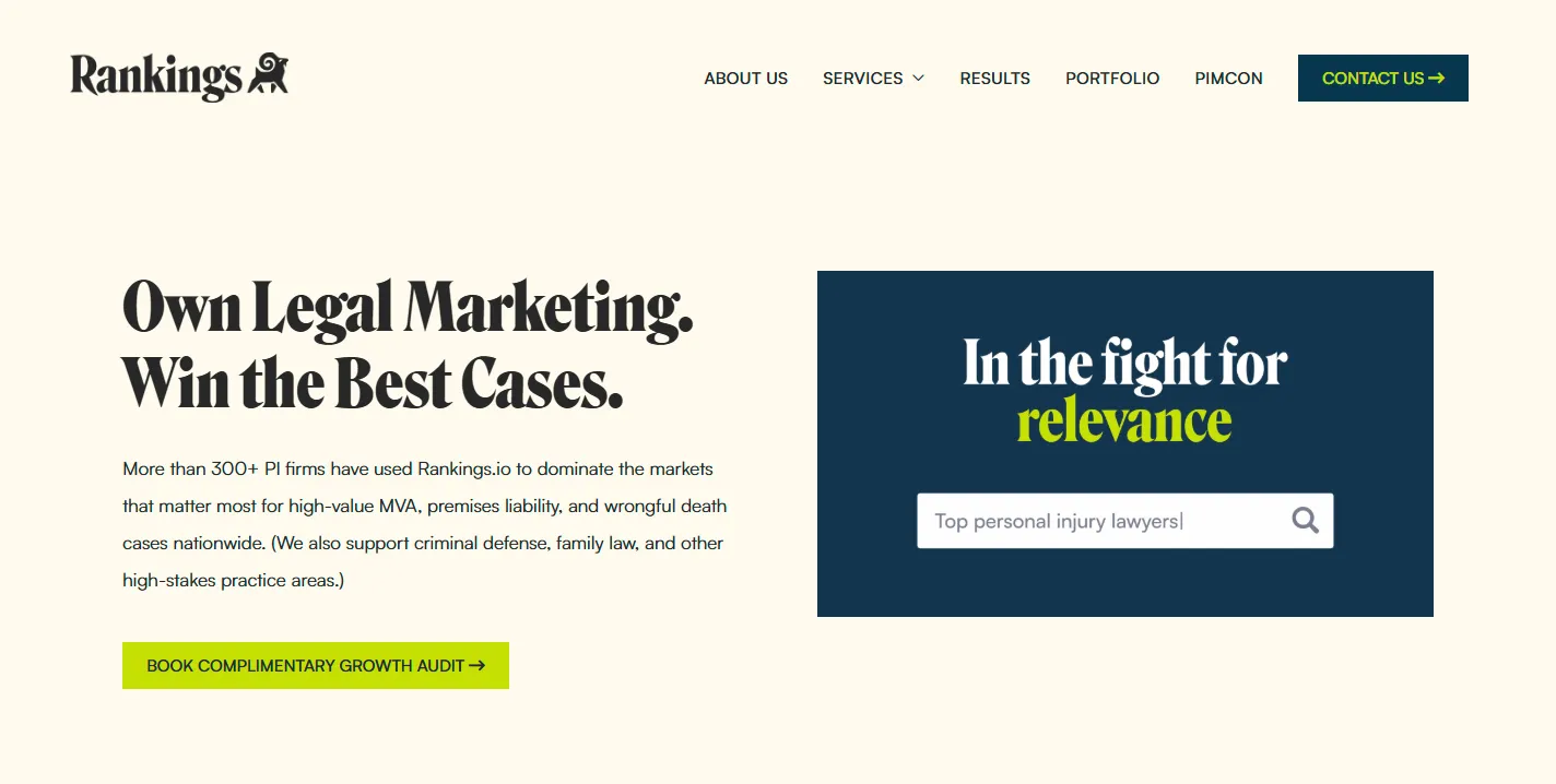 Screenshot of Rankings.io’s homepage