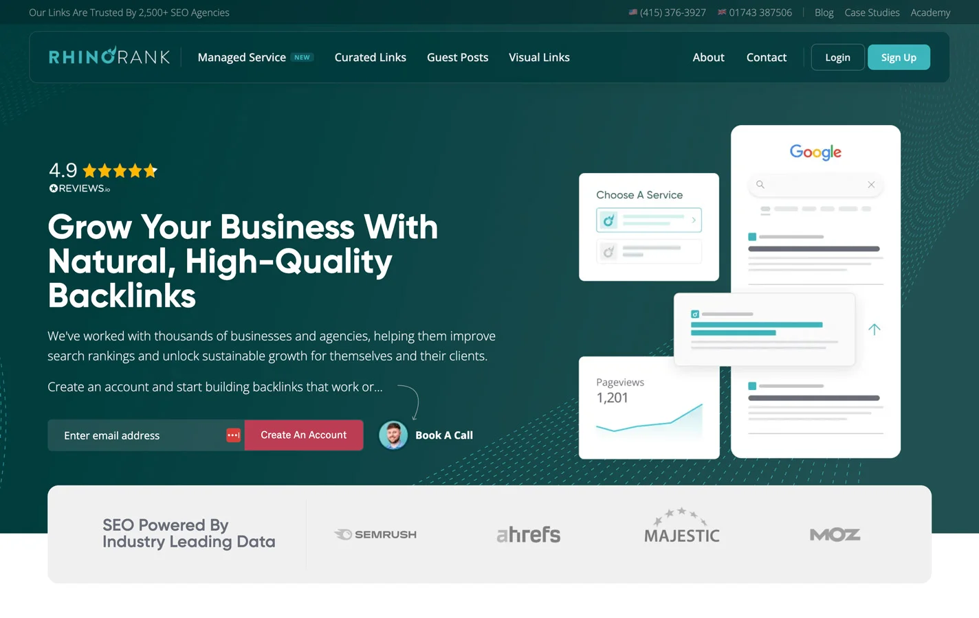 Screenshot of the Rhino Rank homepage