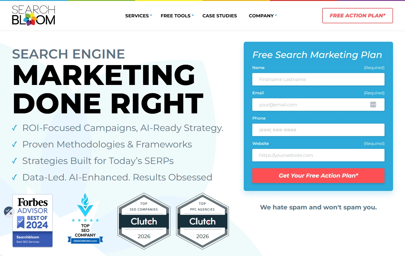 Searchbloom screenshot featuring their SEO services page, representing one of the top SEO companies for e-commerce SEO.