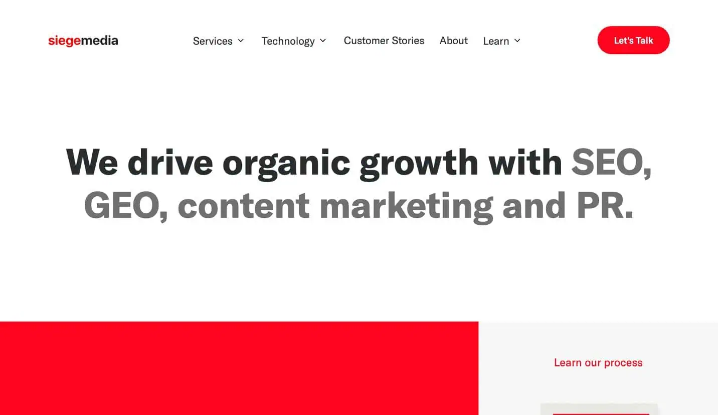 Siege Media homepage showing SEO, GEO, content marketing, and PR services.