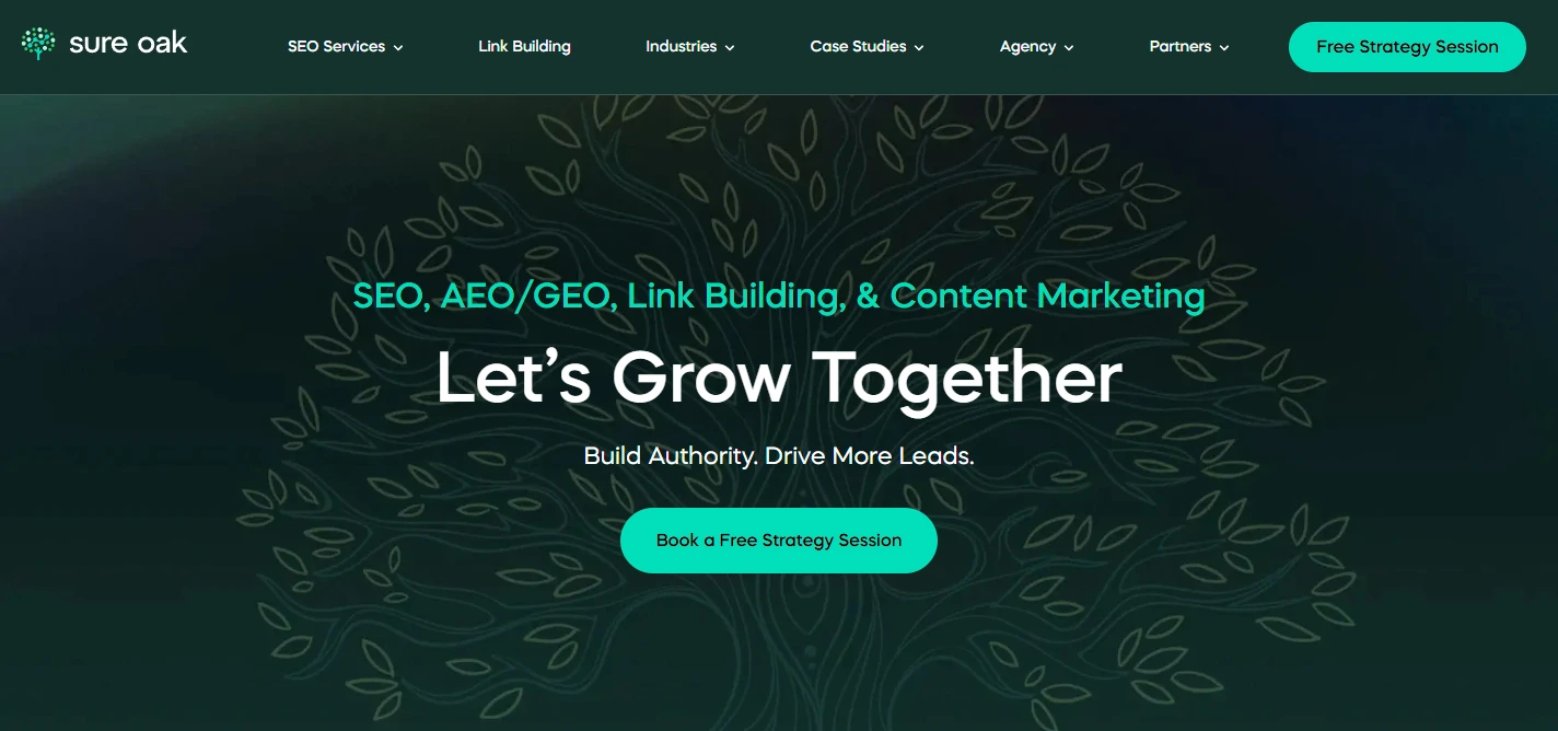 Sure Oak SEO services page screenshot, presenting an SEO service agency focused on long-term organic results.