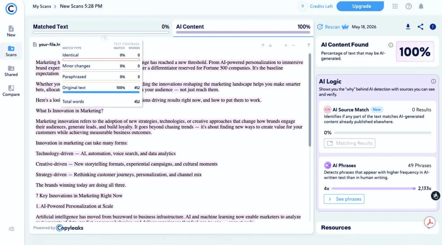 An example of Copyleaks, an AI content detection tool, and its interface.