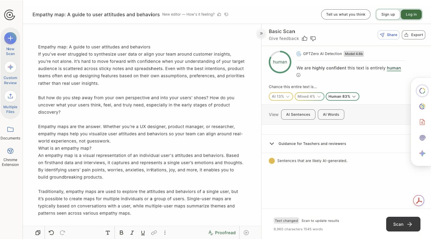 An example of GPTZero, an AI content detection tool, and its interface.