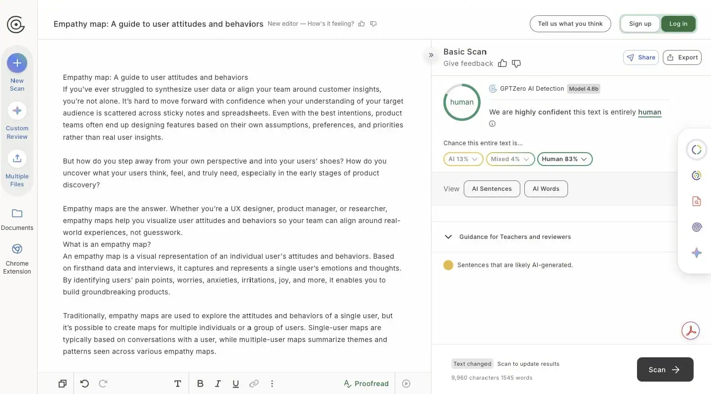 An example of GPTZero, an AI content detection tool, and its interface.