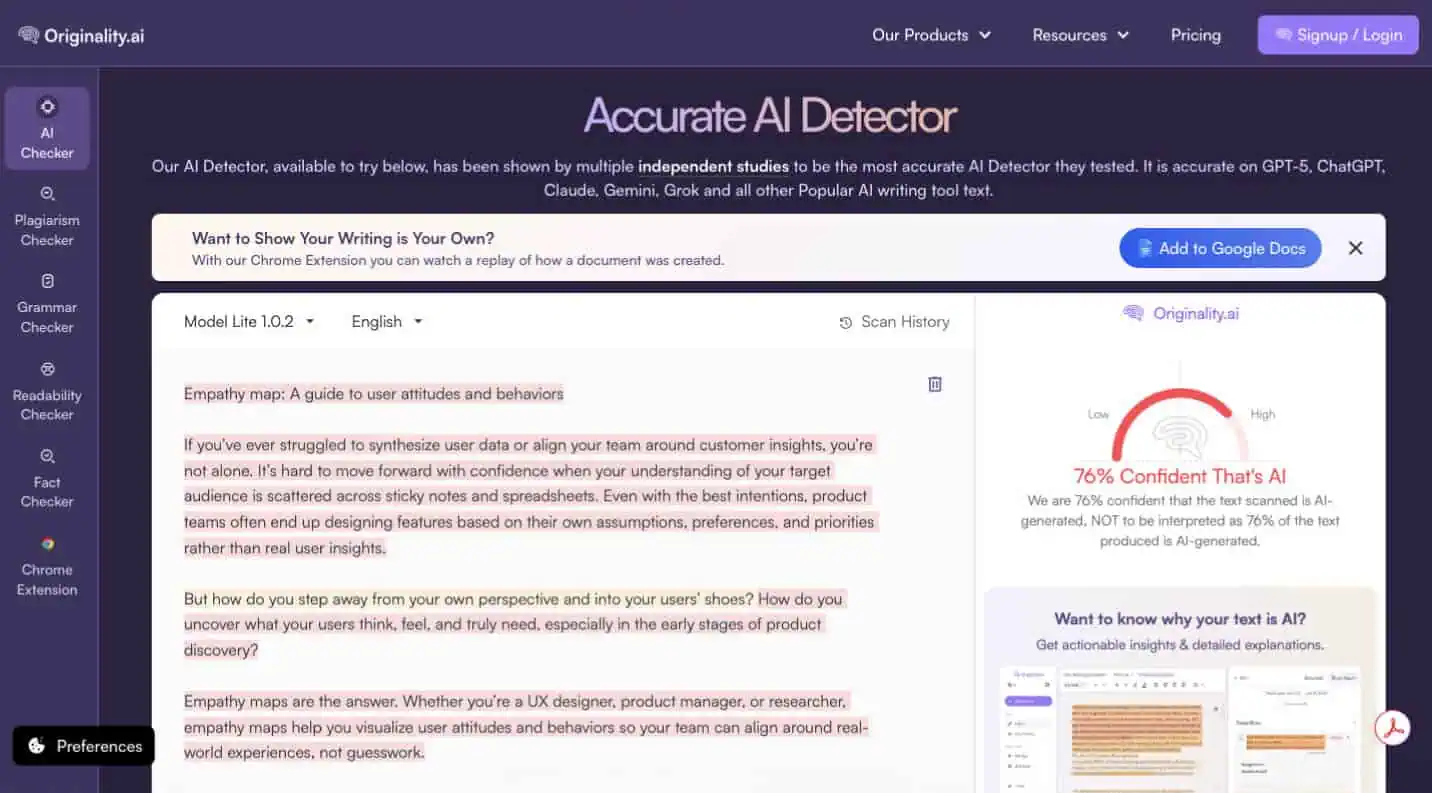 An example of Originality.AI, an AI content detection tool, and its interface.