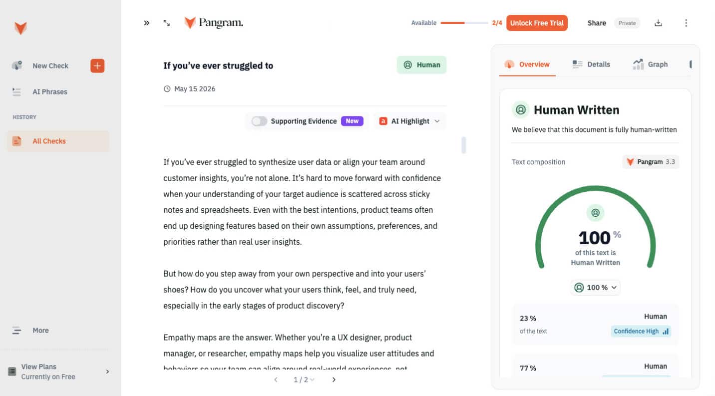 An example of Pangram, an AI content detection tool, and its interface.