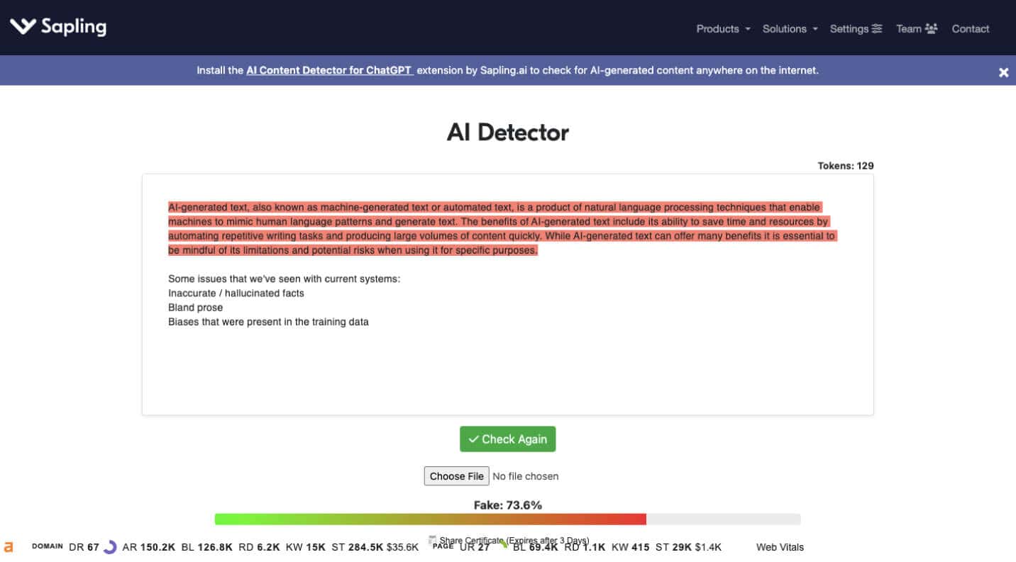 An example of Sapling, an AI content detection tool, and its interface.