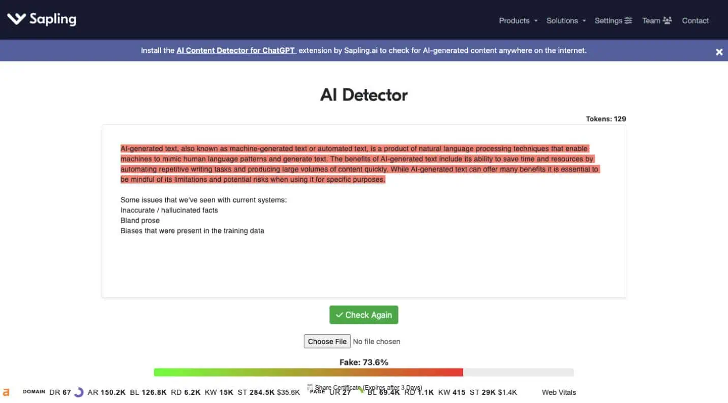 An example of Sapling, an AI content detection tool, and its interface.