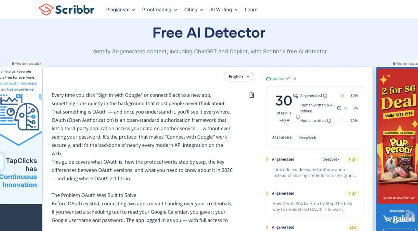 An example of Scribbr, an AI content detection tool, and its interface.