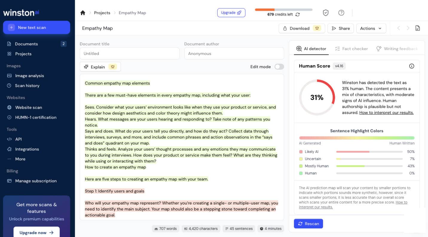 An example of Winston AI, an AI content detection tool, and its interface.