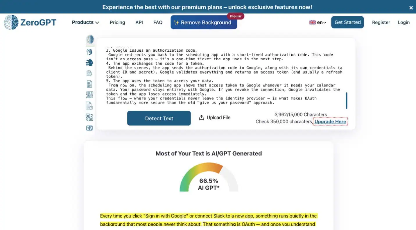 An example of ZeroGPT, an AI content detection tool, and its interface.