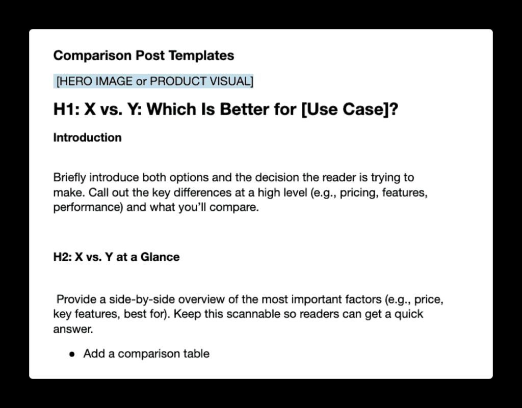 A snippet of a comparison article post template.