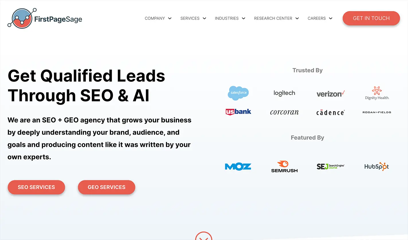 A screenshot of First Page Sage's website.