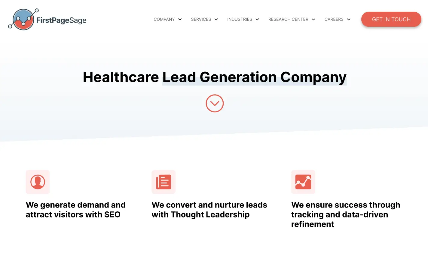 A screenshot of the First Page Sage website.