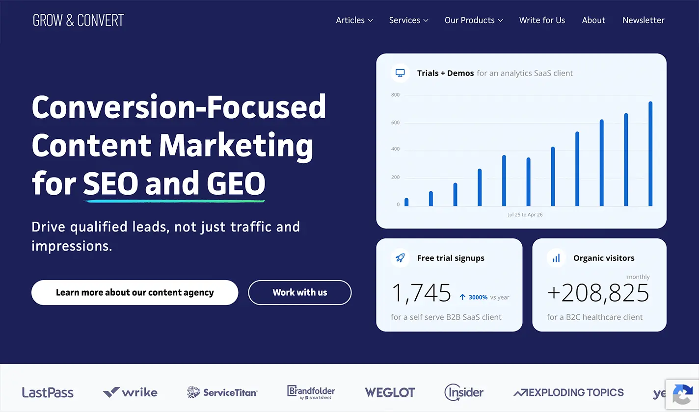 A screenshot of Grow and Convert's website.
