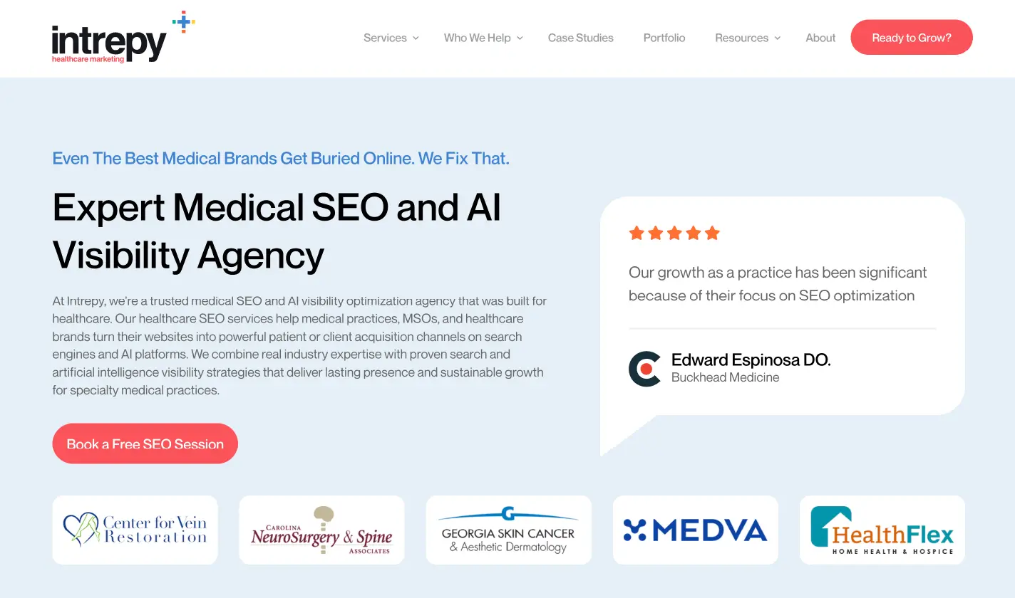 A screenshot of the Intrepy Healthcare Marketing website.