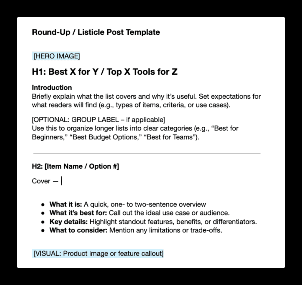 A snippet of an article template for round-ups and listicles.