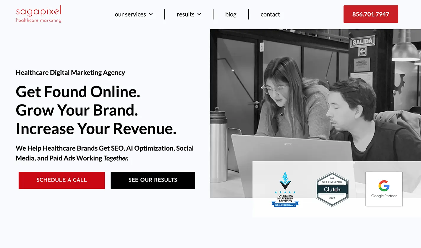 A screenshot of the Sagapixel website.