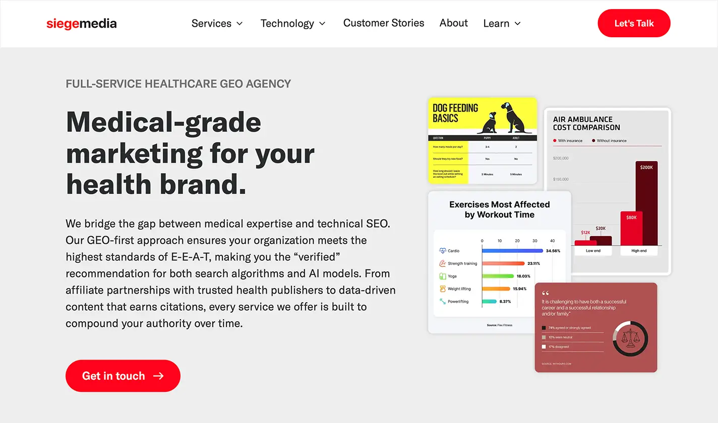 A screenshot of the Siege Media healthcare product page.
