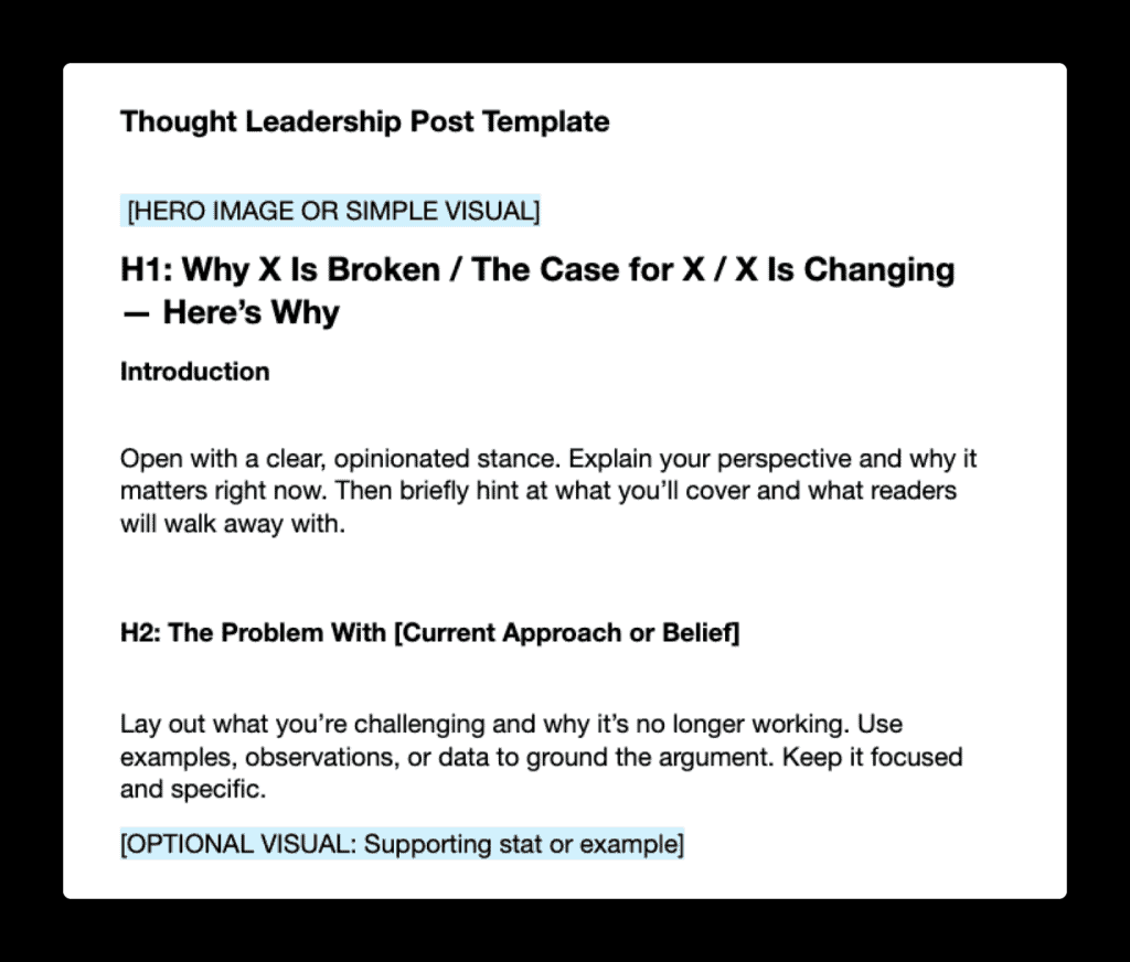 A snippet of a thought leadership post template.