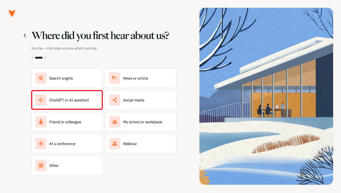 A screenshot of the post-conversion flow after you sign up for an account on Pangram Labs, asking the site visitor if they found them through AI or another related field.