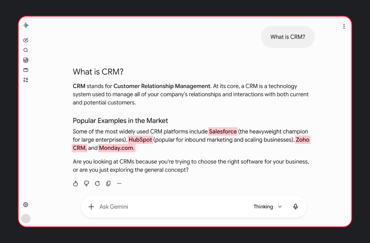 Gemini chat response to "what is CRM" naming HubSpot, Salesforce, and Monday.com
