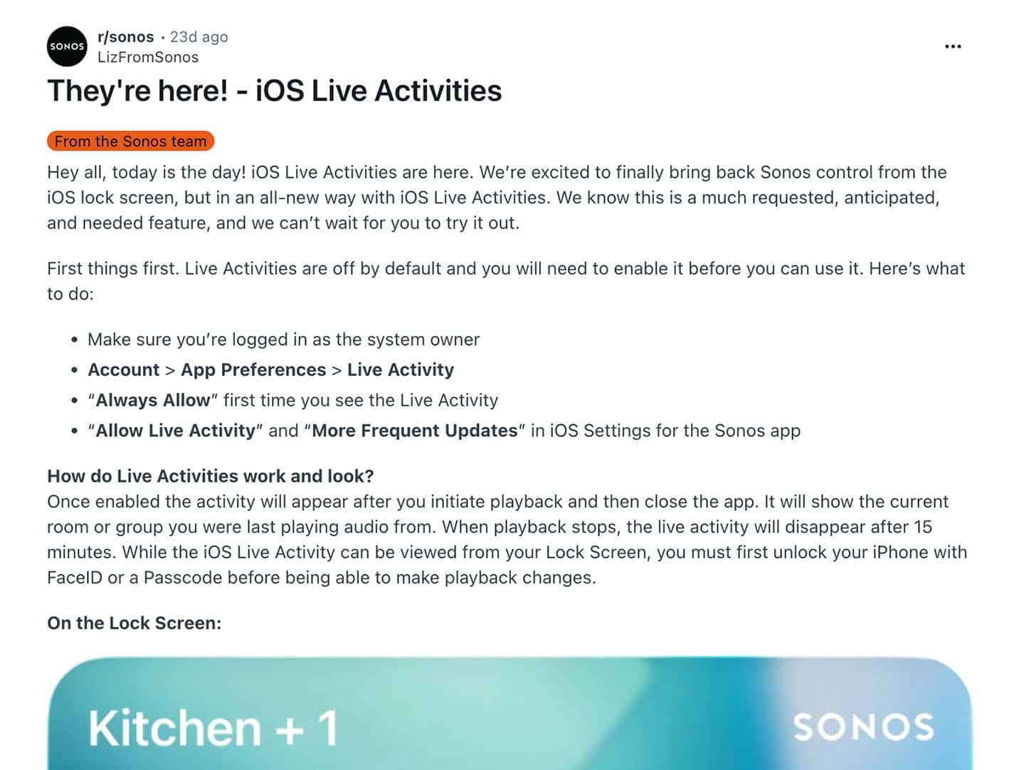 A Reddit community management post shows an official Sonos representative directly engaging users in the r/sonos subreddit to announce a new iOS feature update.